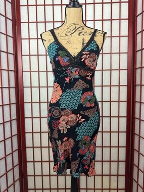 Angie Fairycore Whimsical Black Fitted Floral Asian Inspired Print Midi Dress